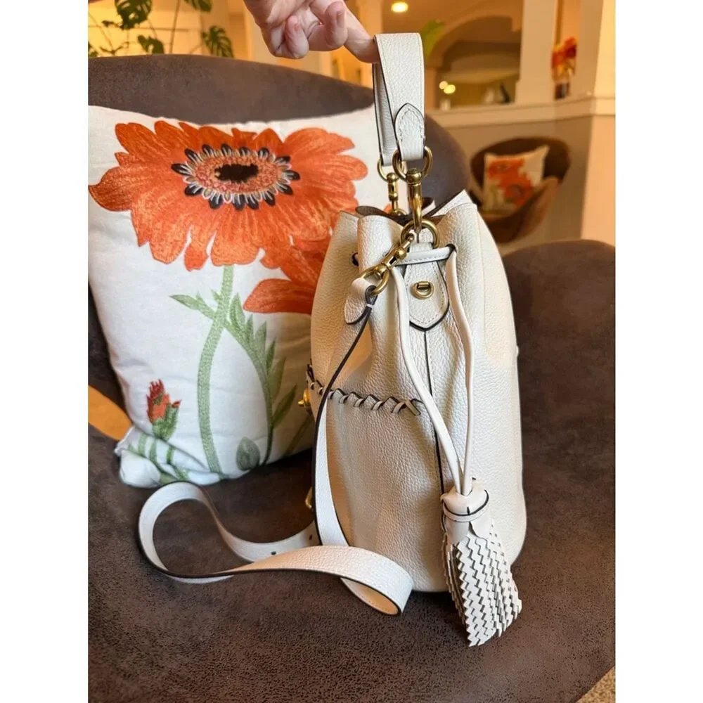 Coach Lora Bucket Bag Whipstitch Tassels Hangtag Chalk 2020 #651